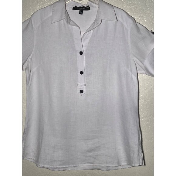 Coupe Collection 100% Linen White1/4 Buttoned Collared Blouse - Picture 5 of 16